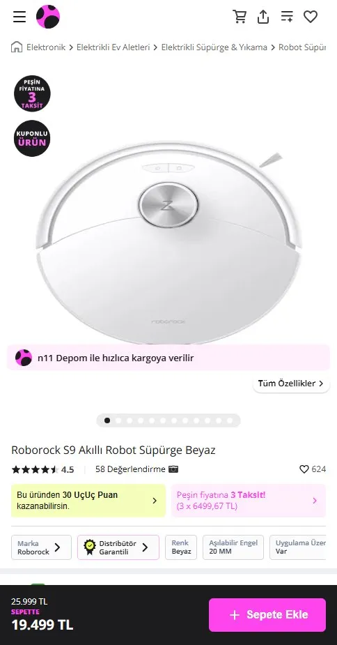 Roborock S9 Akıllı Robot Süpürge Beyaz