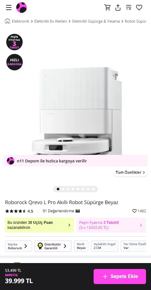 Roborock Qrevo L Pro Akıllı Robot Süpürge Beyaz