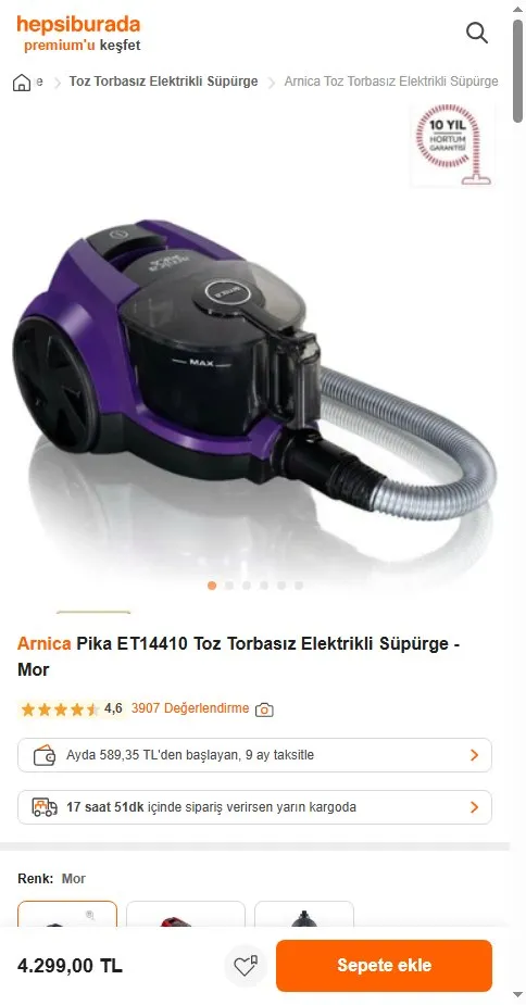 Arnica Pika ET14410 Toz Torbasız Elektrikli Süpürge - Mor