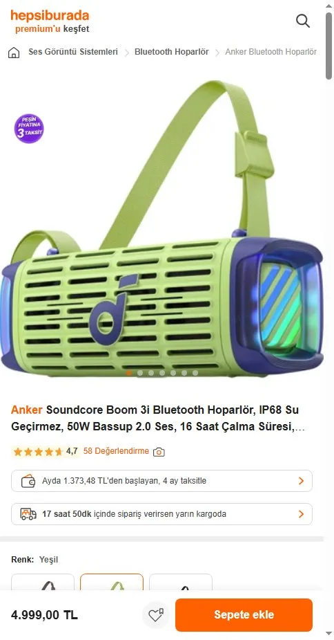Anker Soundcore Boom 3i Bluetooth Hoparlör, IP68 Su Geçirmez, 50W Bassup 2.0 Ses, 16 Saat Çalma Süresi, Yeşil - D5100