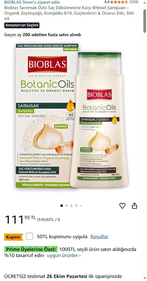 Bioblas Sarımsak Özlü Saç Dökülmesine Karşı Bitkisel Şampuan – Organik Zeytinyağlı, Kompleks B19, Güçlendirici & Onarıcı Etki, 360 ml