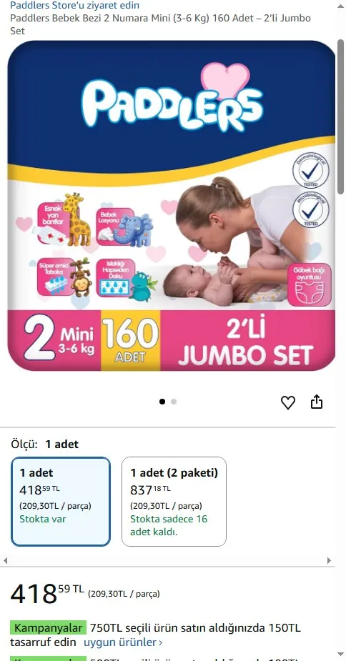 Paddlers Bebek Bezi 2 Numara Mini (3-6 Kg) 160 Adet – 2’li Jumbo Set