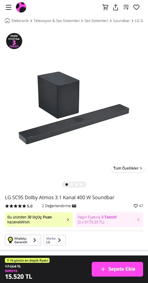 LG SC9S Dolby Atmos 3.1 Kanal 400 W Soundbar