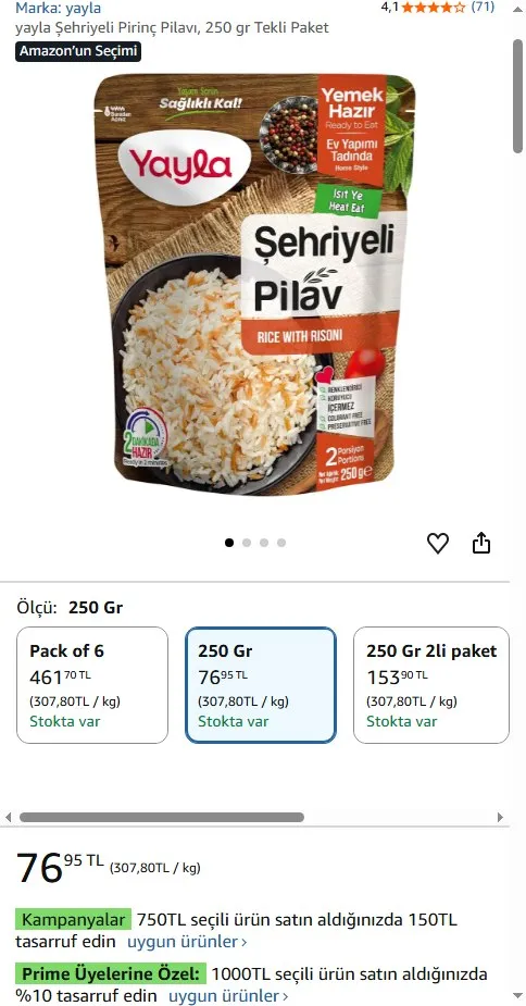 yayla Şehriyeli Pirinç Pilavı, 250 gr Tekli Paket