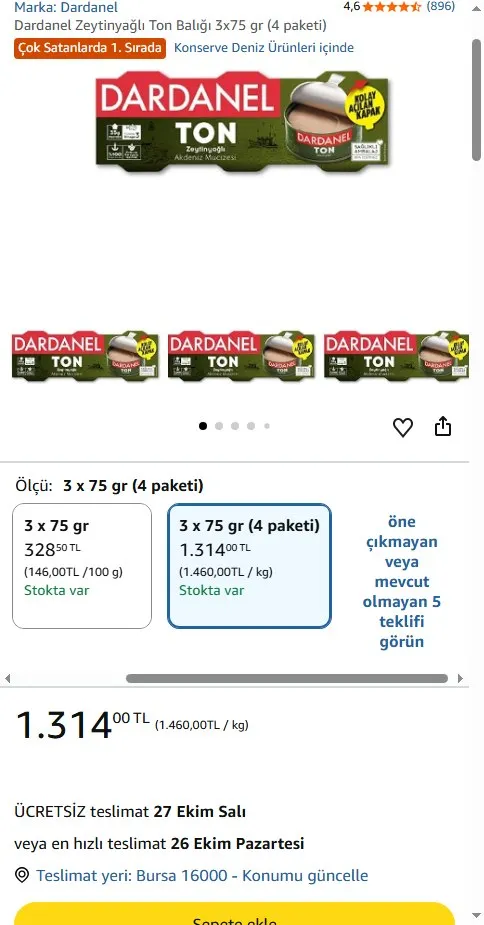 Dardanel Zeytinyağlı Ton Balığı 3x75 gr (4 paketi)
