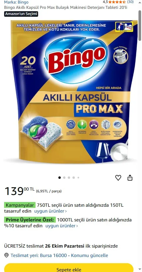 Bingo Akıllı Kapsül Pro Max Bulaşık Makinesi Deterjanı Tableti 20'li