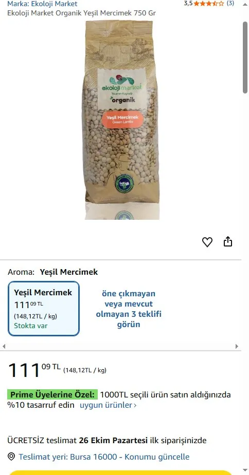Ekoloji Market Organik Yeşil Mercimek 750 Gr