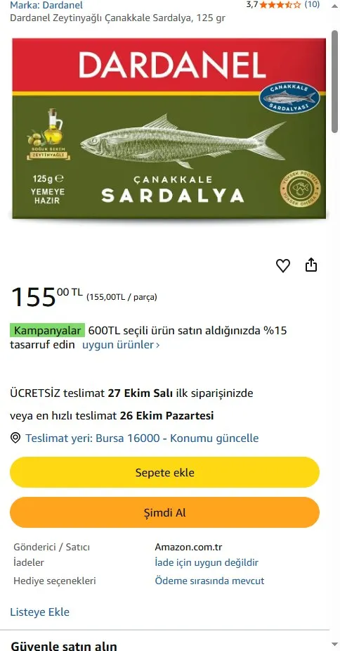 Dardanel Zeytinyağlı Çanakkale Sardalya, 125 gr