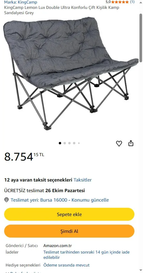 KingCamp Lemon Lux Double Ultra Konforlu Çift Kişilik Kamp Sandalyesi Grey