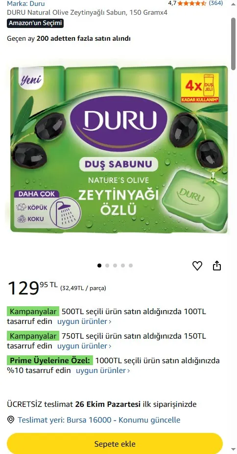 DURU Natural Olive Zeytinyağlı Sabun, 150 Gramx4