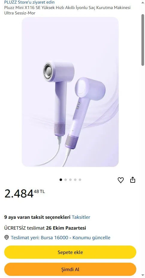 Pluzz Mini X116 SE Yüksek Hızlı Akıllı İyonlu Saç Kurutma Makinesi Ultra Sessiz-Mor