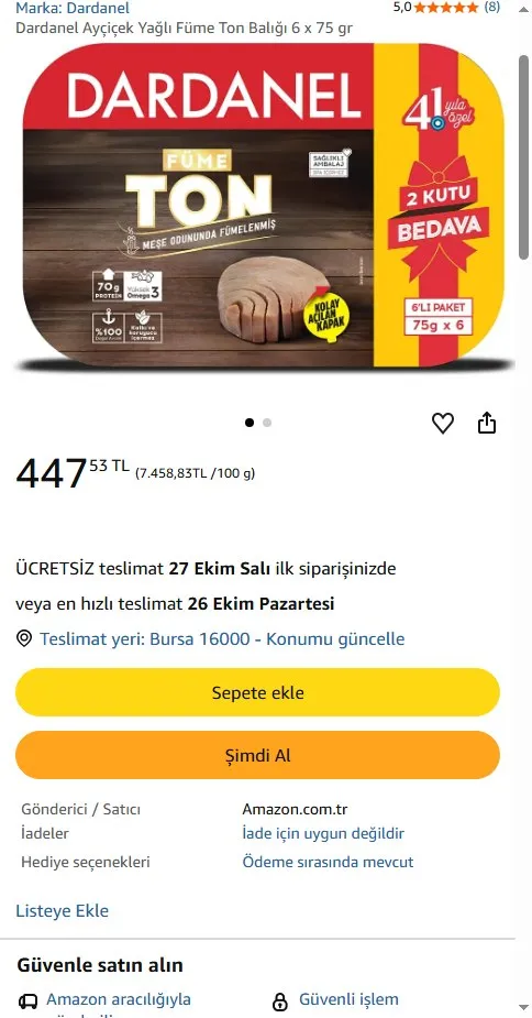 Dardanel Ayçiçek Yağlı Füme Ton Balığı 6 x 75 gr