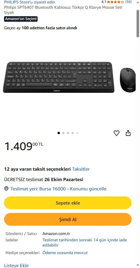 Philips SPT6407 Bluetooth Kablosuz Türkçe Q Klavye Mouse Seti Siyah