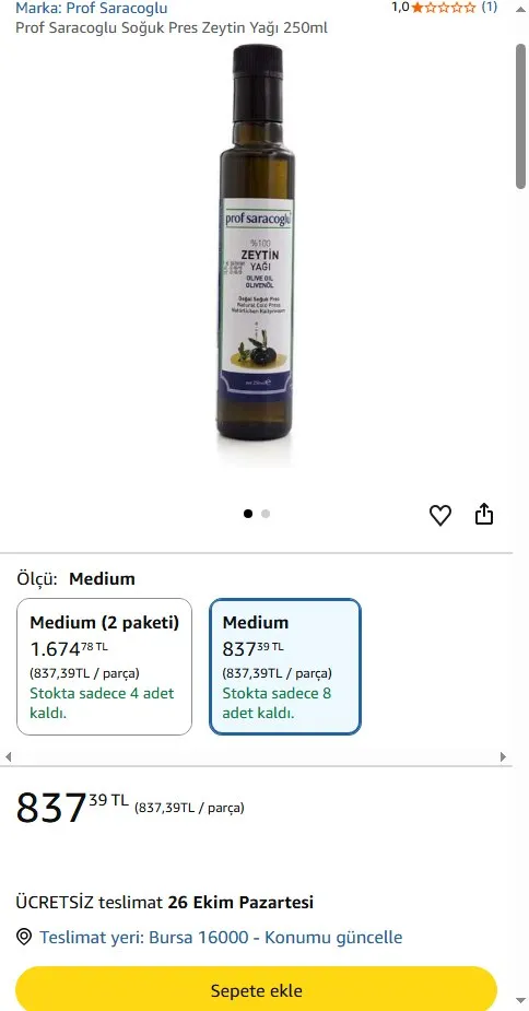 Prof Saracoglu Soğuk Pres Zeytin Yağı 250ml