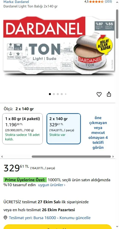 Dardanel Light Ton Balığı 2x140 gr