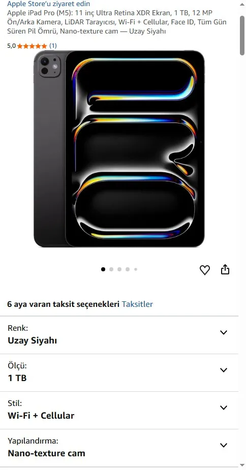 Apple iPad Pro (M5): 11 inç Ultra Retina XDR Ekran, 1 TB, 12 MP Ön/Arka Kamera, LiDAR Tarayıcısı, Wi-Fi + Cellular, Face ID, Tüm Gün Süren Pil Ömrü, Nano-texture cam — Uzay Siyahı