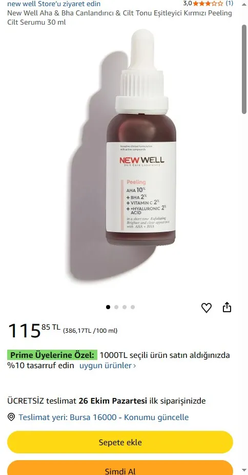 New Well Aha & Bha Canlandırıcı & Cilt Tonu Eşitleyici Kırmızı Peeling Cilt Serumu 30 ml