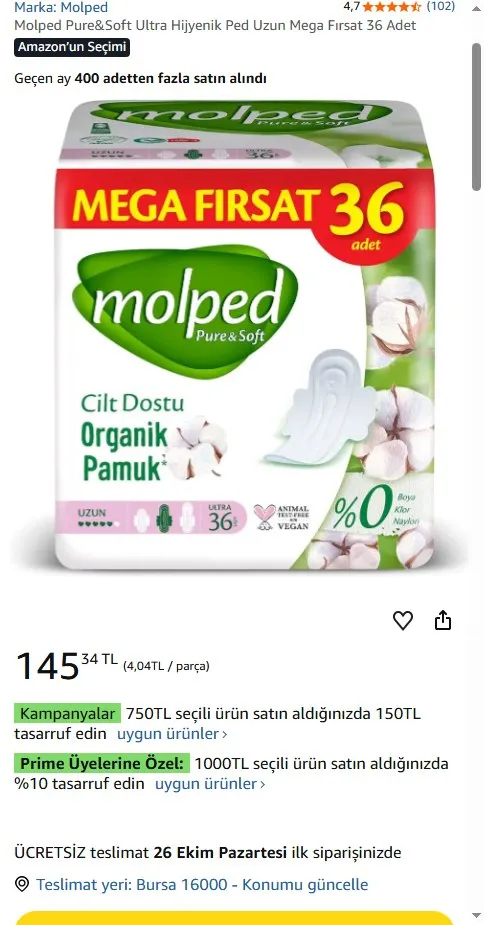 Molped Pure&Soft Ultra Hijyenik Ped Uzun Mega Fırsat 36 Adet