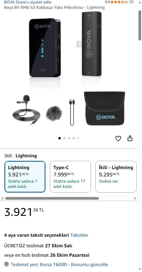 Boya BY-XM6-S3 Kablosuz Yaka Mikrofonu - Lightning