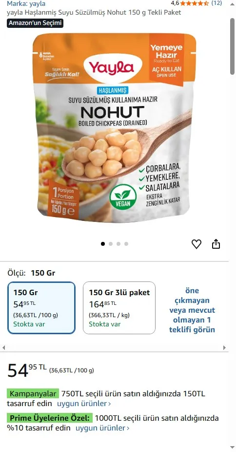 yayla Haşlanmiş Suyu Süzülmüş Nohut 150 g Tekli Paket