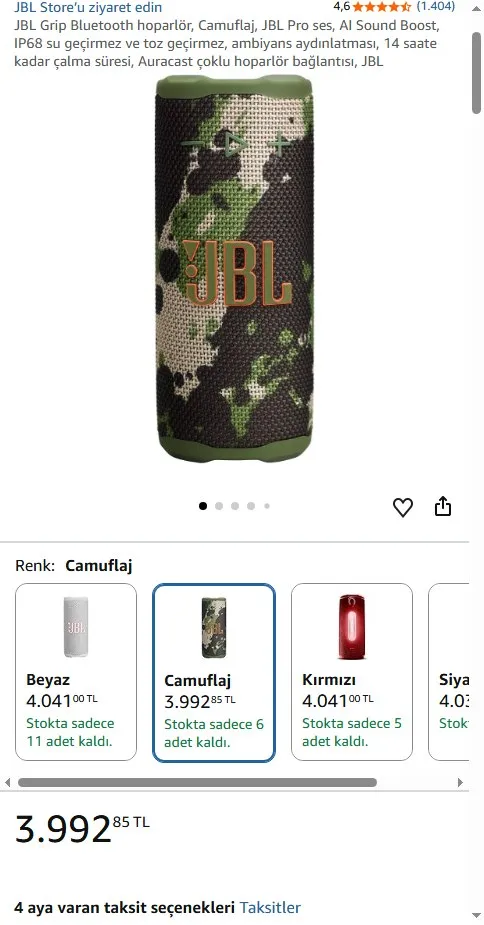 JBL Grip Bluetooth hoparlör, Camuflaj, JBL Pro ses, AI Sound Boost, IP68 su geçirmez ve toz geçirmez, ambiyans aydınlatması, 14 saate kadar çalma süresi, Auracast çoklu hoparlör bağlantısı, JBL
