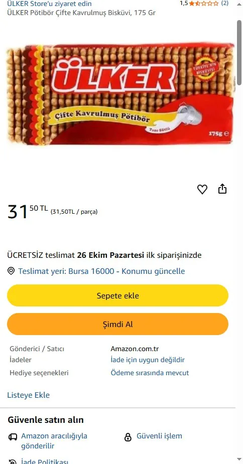 ÜLKER Pötibör Çifte Kavrulmuş Bisküvi, 175 Gr