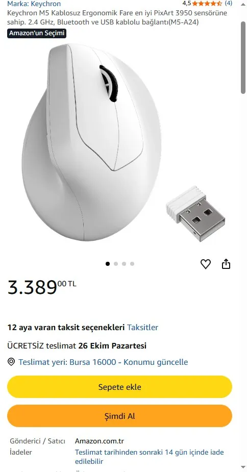 Keychron M5 Kablosuz Ergonomik Fare en iyi PixArt 3950 sensörüne sahip. 2.4 GHz, Bluetooth ve USB kablolu bağlantı(M5-A24)