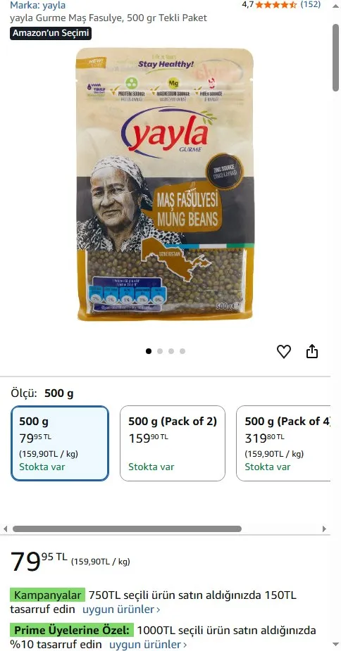 yayla Gurme Maş Fasulye, 500 gr Tekli Paket
