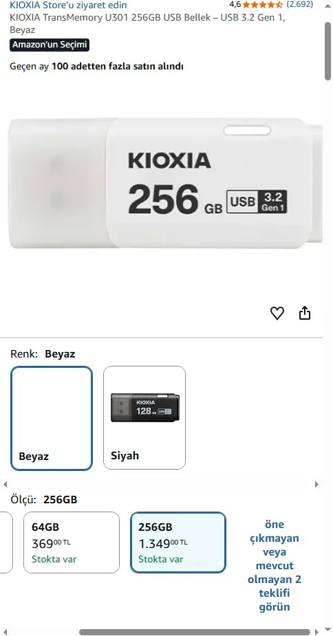 KIOXIA TransMemory U301 256GB USB Bellek – USB 3.2 Gen 1, Beyaz