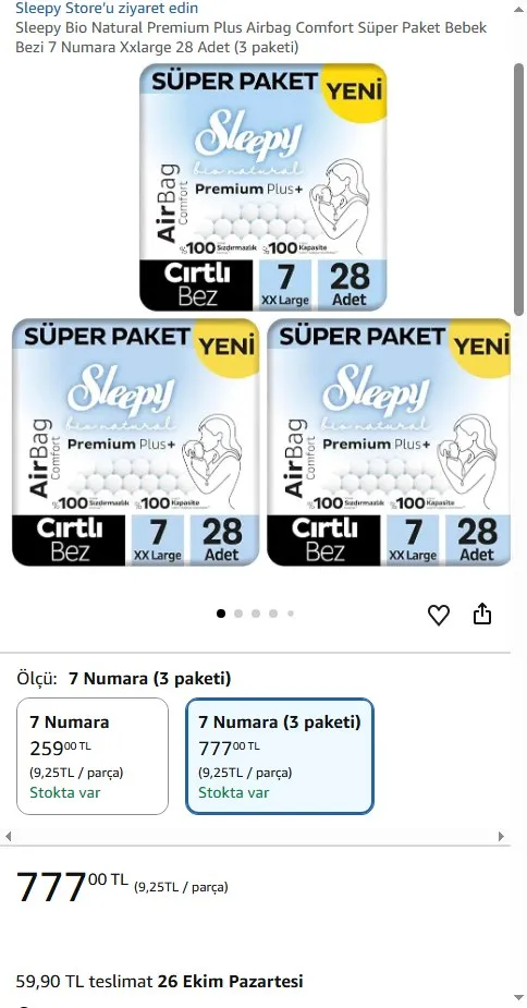 Sleepy Bio Natural Premium Plus Airbag Comfort Süper Paket Bebek Bezi 7 Numara Xxlarge 28 Adet (3 paketi)