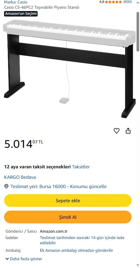 Casio CS-46PC2 Taşınabilir Piyano Standı