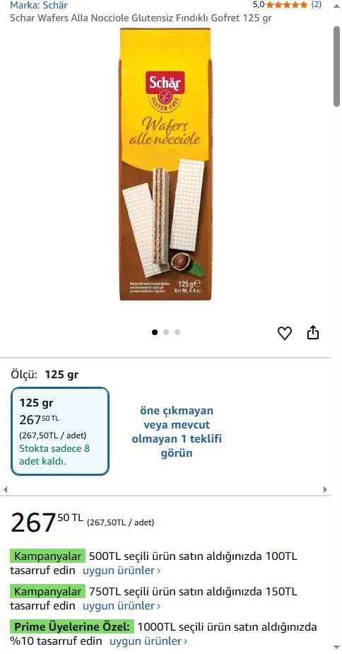 Schar Wafers Alla Nocciole Glutensiz Fındıklı Gofret 125 gr
