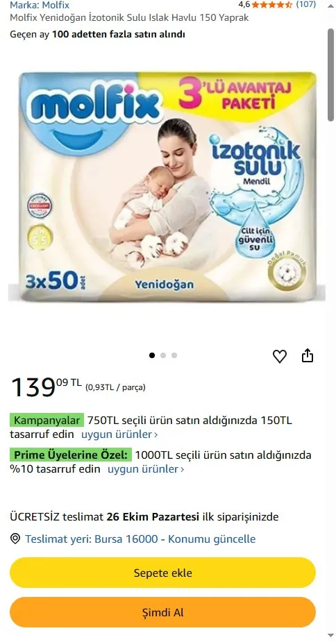 Molfix Yenidoğan İzotonik Sulu Islak Havlu 150 Yaprak