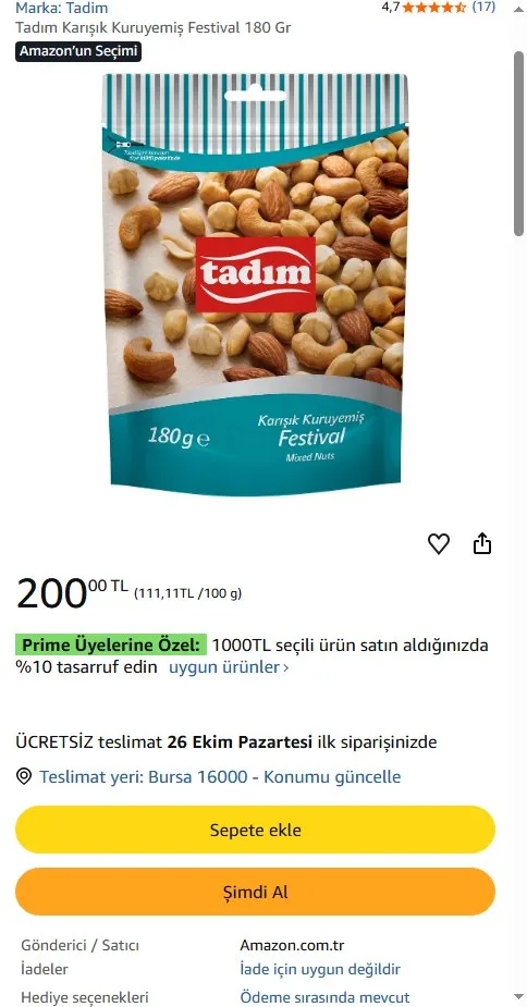 Tadım Karışık Kuruyemiş Festival 180 Gr