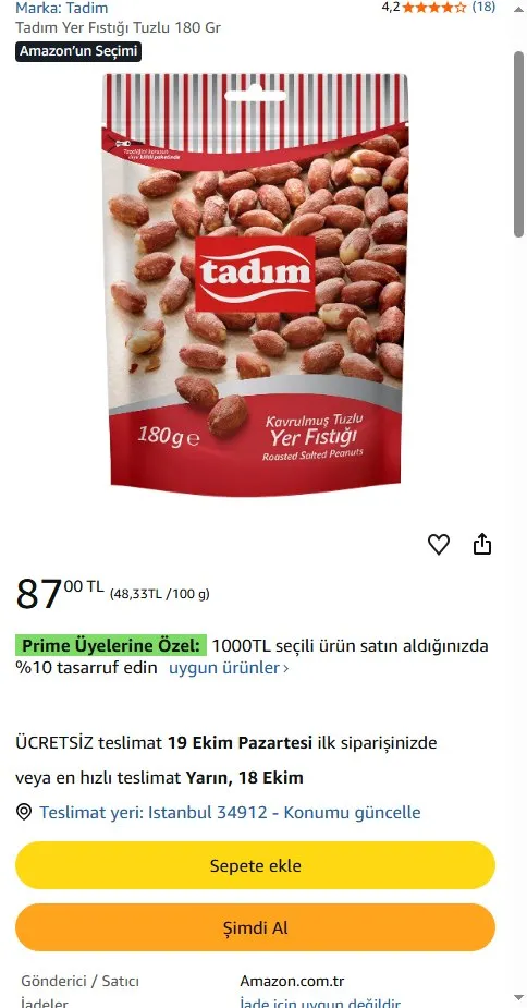 Tadım Yer Fıstığı Tuzlu 180 Gr