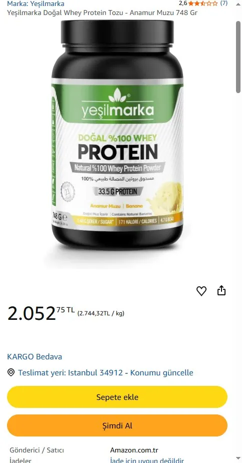 Yeşilmarka Doğal Whey Protein Tozu - Anamur Muzu 748 Gr