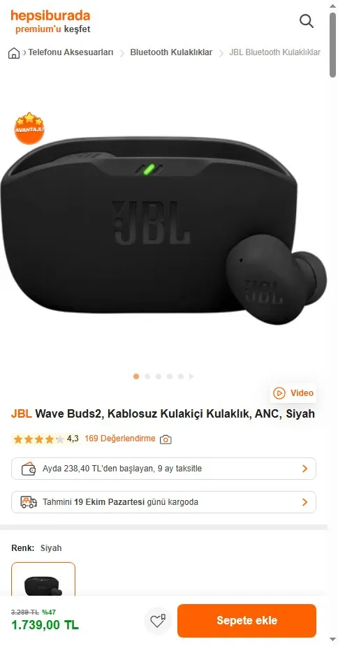 JBL Wave Buds2, Kablosuz Kulakiçi Kulaklık, ANC, Siyah