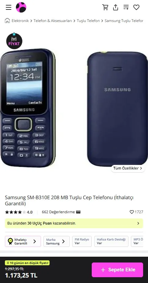 Samsung SM-B310E 208 MB Tuşlu Cep Telefonu (İthalatçı Garantili)