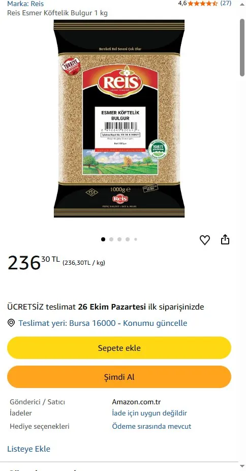 Reis Esmer Köftelik Bulgur 1 kg