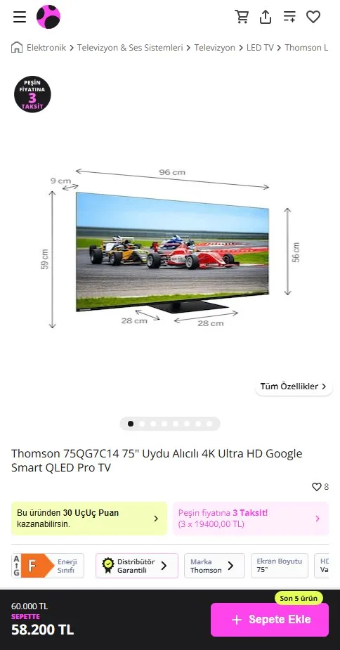 Thomson 75QG7C14 75" Uydu Alıcılı 4K Ultra HD Google Smart QLED Pro TV