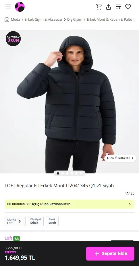 LOFT Regular Fit Erkek Mont Lf2041345 Q1.v1 Siyah
