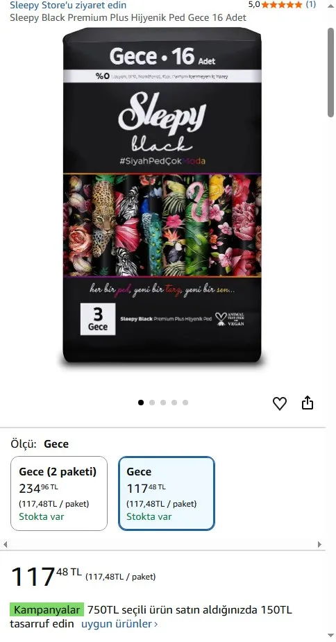 Sleepy Black Premium Plus Hijyenik Ped Gece 16 Adet