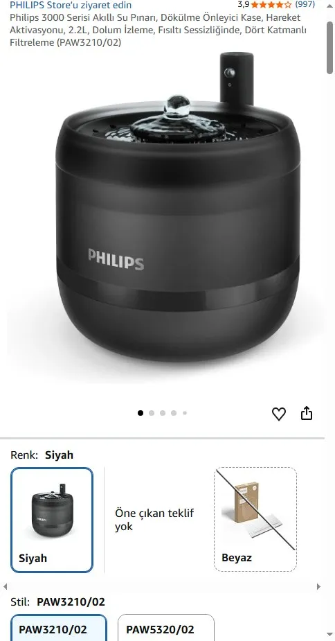 Philips 3000 Serisi Akıllı Su Pınarı, Dökülme Önleyici Kase, Hareket Aktivasyonu, 2.2L, Dolum İzleme, Fısıltı Sessizliğinde, Dört Katmanlı Filtreleme (PAW3210/02)