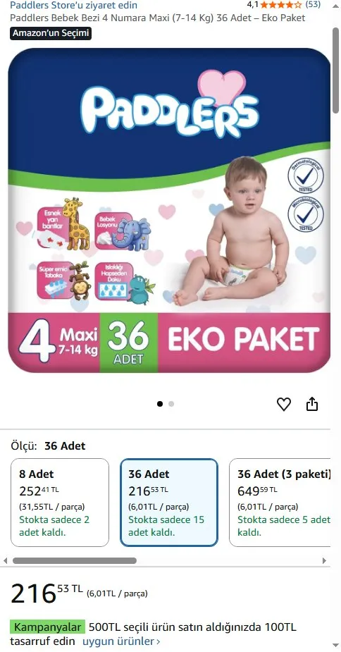 Paddlers Bebek Bezi 4 Numara Maxi (7-14 Kg) 36 Adet – Eko Paket