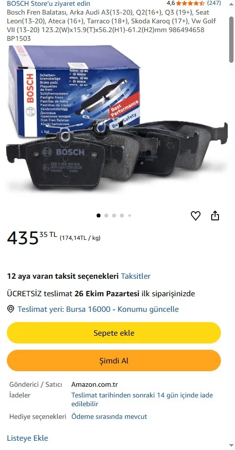Bosch Fren Balatası, Arka Audi A3(13-20), Q2(16+), Q3 (19+), Seat Leon(13-20), Ateca (16+), Tarraco (18+), Skoda Karoq (17+), Vw Golf VII (13-20) 123.2(W)x15.9(T)x56.2(H1)-61.2(H2)mm 986494658 BP1503