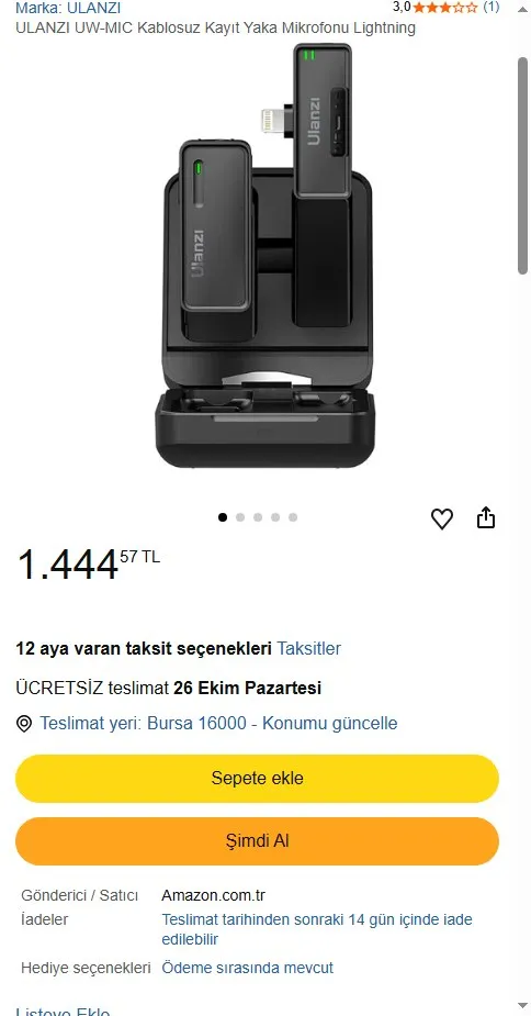 ULANZI UW-MIC Kablosuz Kayıt Yaka Mikrofonu Lightning