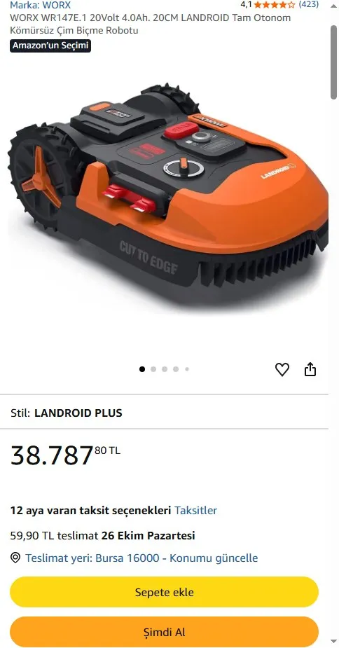 WORX WR147E.1 20Volt 4.0Ah. 20CM LANDROID Tam Otonom Kömürsüz Çim Biçme Robotu