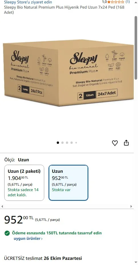 Sleepy Bio Natural Premium Plus Hijyenik Ped Uzun 7x24 Ped (168 Adet)