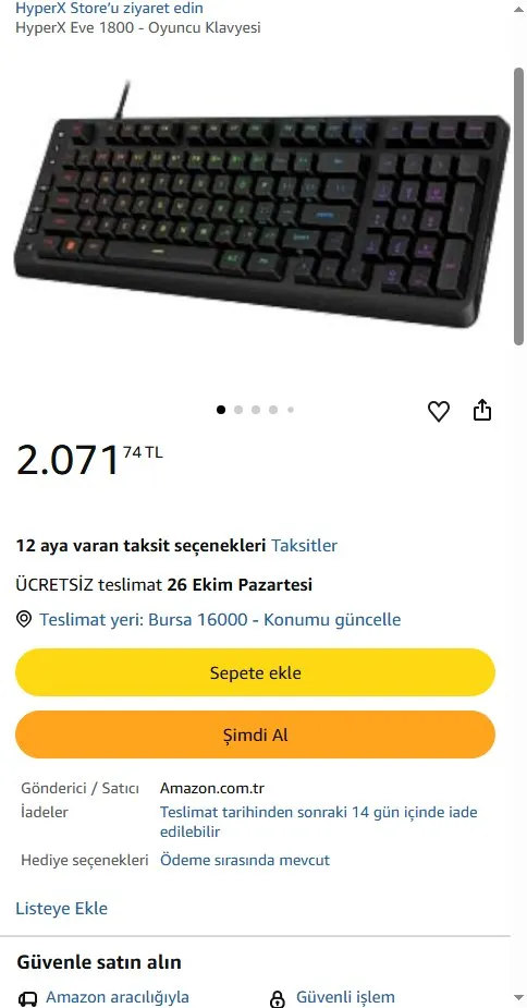 HyperX Eve 1800 - Oyuncu Klavyesi