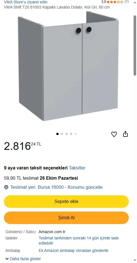 VitrA Shift T20 81003 Kapaklı Lavabo Dolabı, Kül Gri, 60 cm